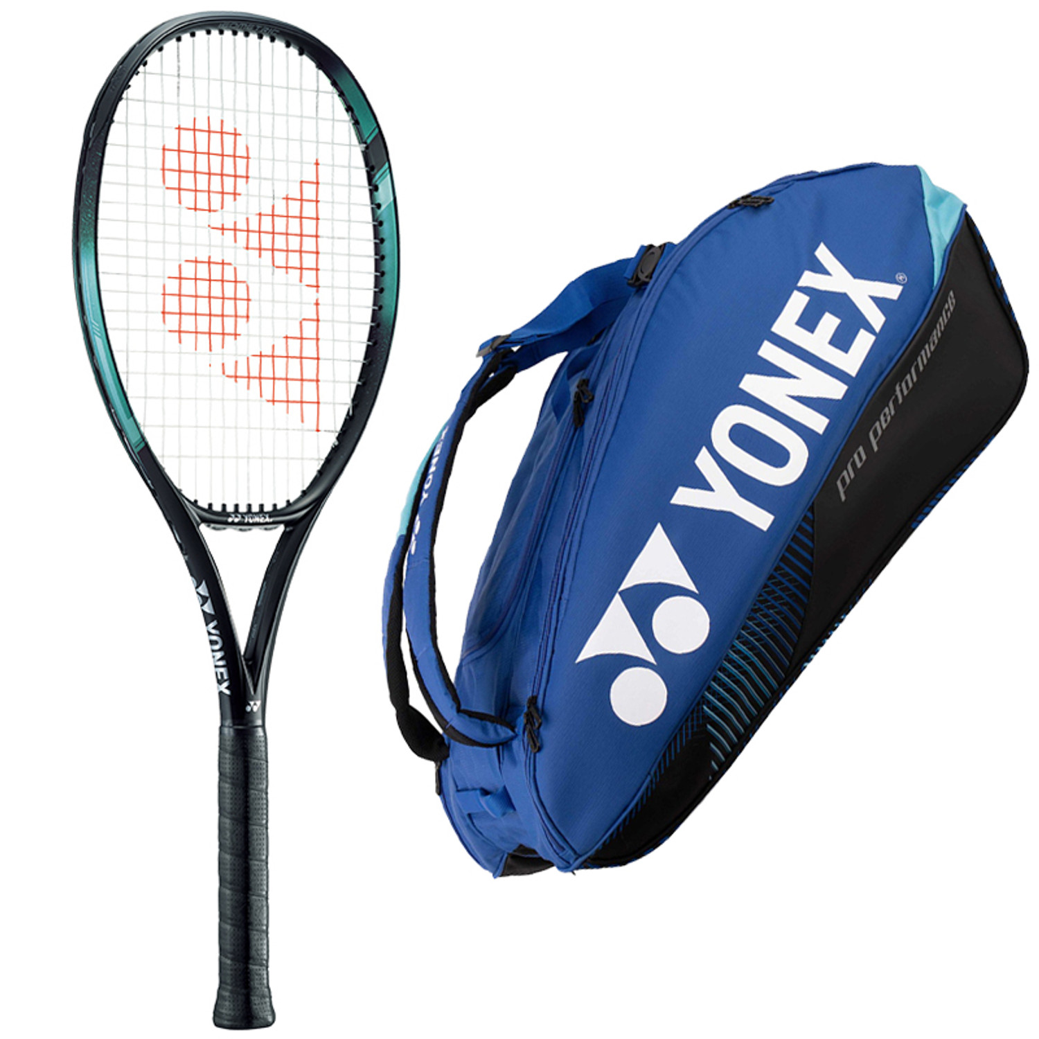 YONEX EZONE 100 300 GR. + 9 RACKETBAG BLAUW » TennisDirect.nl